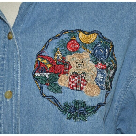 Vintage Quizz Again Cotton Denim Button Up Shirt Size M Embroidered Christmas - Picture 5 of 9